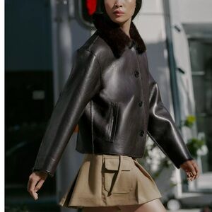 Dark Brown Double Faced Reversible Leather Jacket with Fur Collar - Women's Coat
